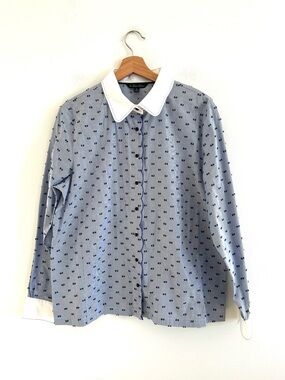 Brooks Brothers blue Swiss dot embroidered scallop detail cotton shirt size 16